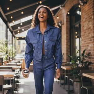 Opal Vintage Blue Jacquard Studded Pants and Cropped Jacket Matching Set